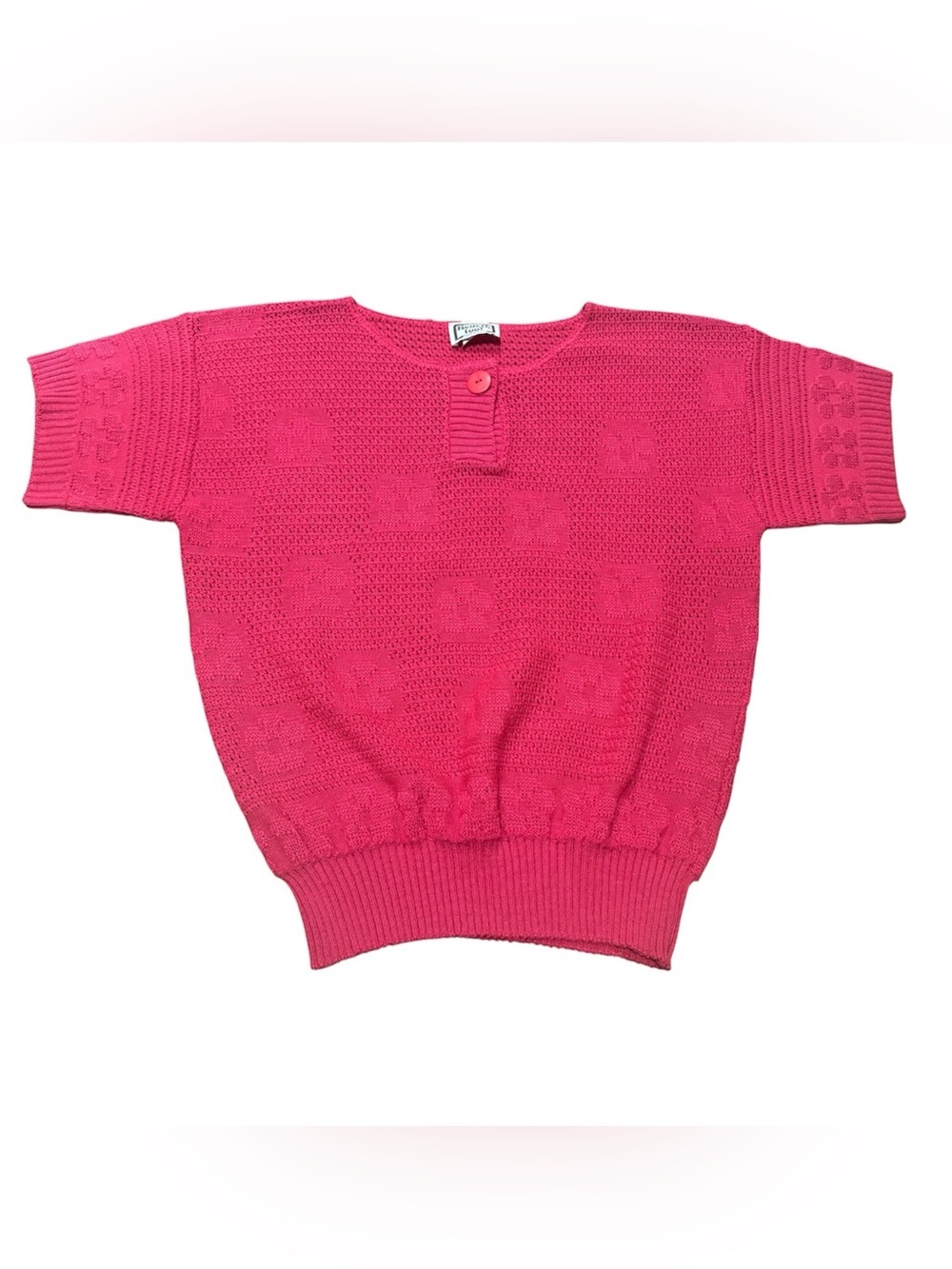 Vintage Kenneth Too Pink Pointelle Knit short sleeve sweater top flower Size S/M